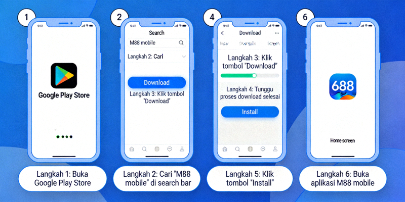Langkah-langkah visual proses download dan instalasi aplikasi M88 mobile di smartphone