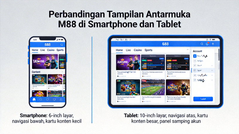 Perbandingan tampilan antarmuka M88 di berbagai perangkat mobile seperti smartphone dan tablet